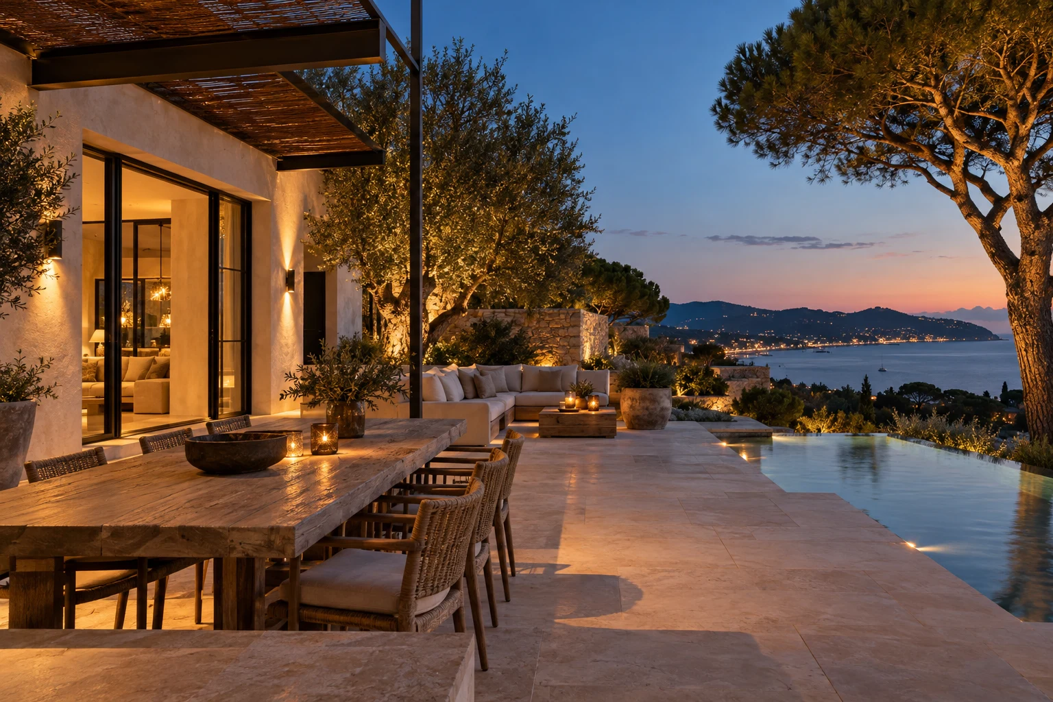 Illustration d’une terrasse méditerranéenne au crépuscule
